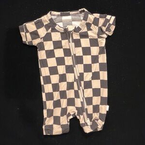 Forever French Shortie Bamboo Zip Romper in Black and Tan Checker, Size NB
